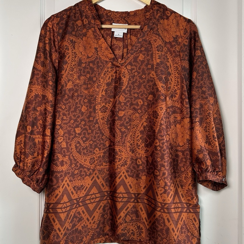 Liz Claiborne Rust Paisley Tribal Border Print Blouse 70s Boho‎ Western Style